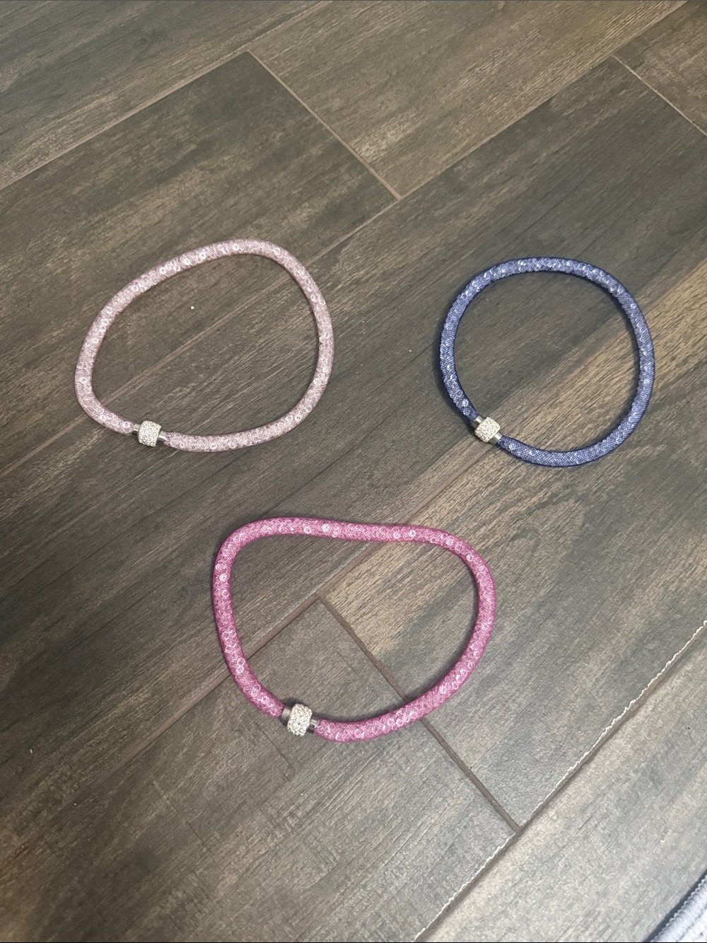 Set of 3 Sparkling Stretch Chokers Necklaces Pink, Light Pink, Blue